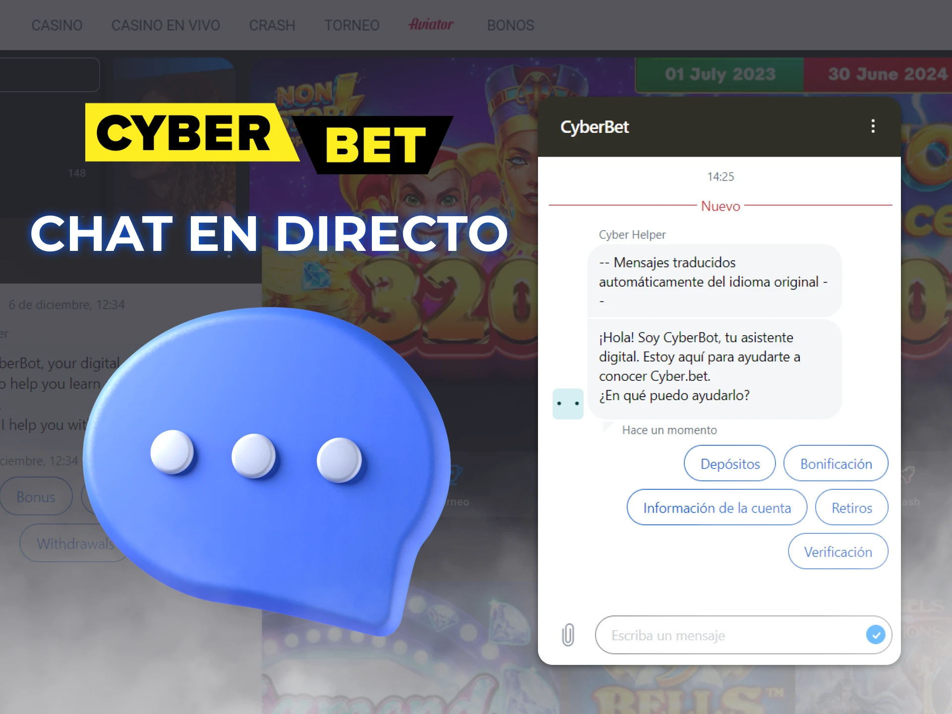 La mejor manera de contactar al soporte de Cyber Bet es a través del chat en vivo, que está disponible las 24 horas, los 7 días de la semana.