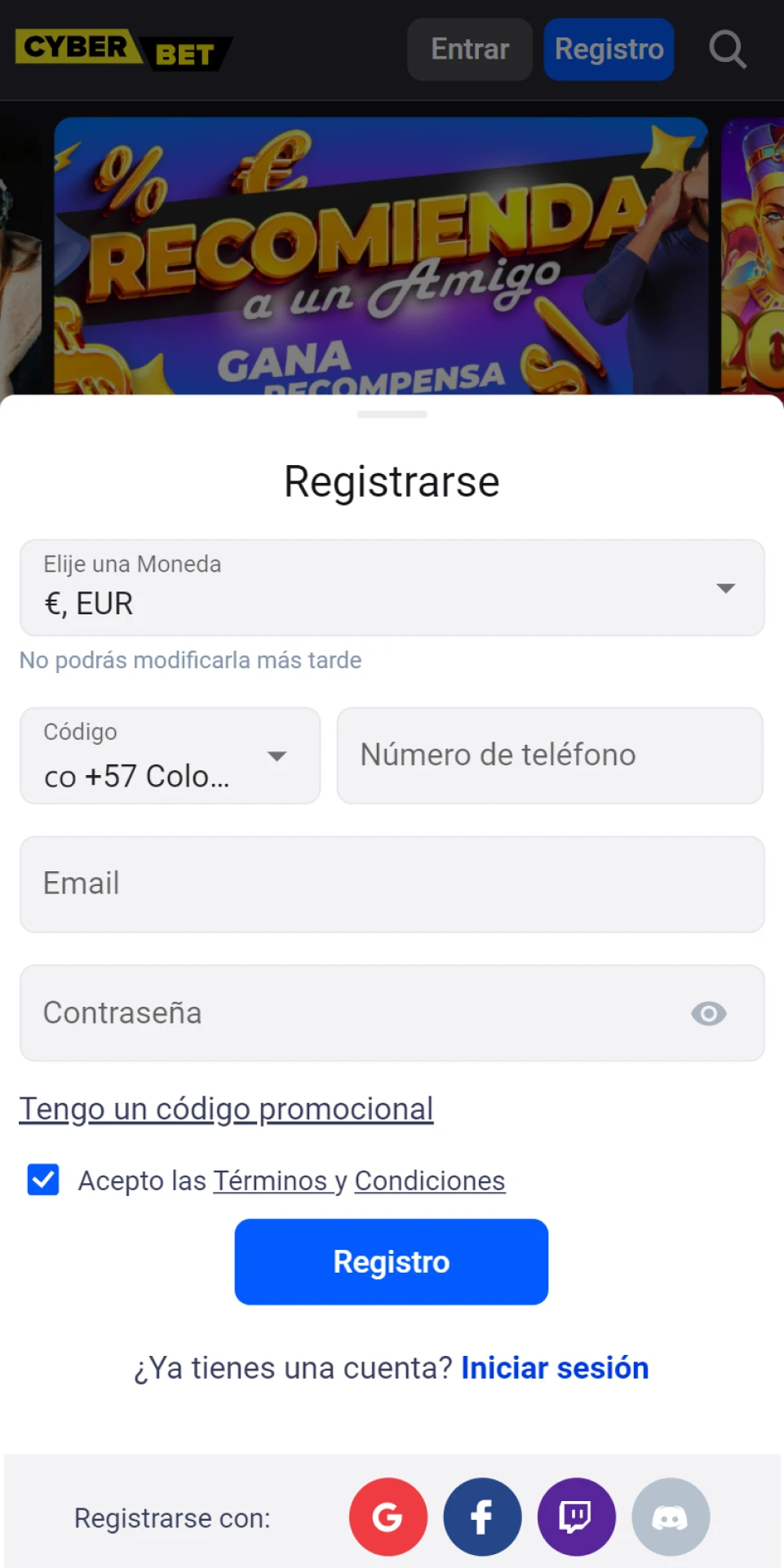 Vaya a la página web y haga clic en el botón para registrarse en Cyber Bet.