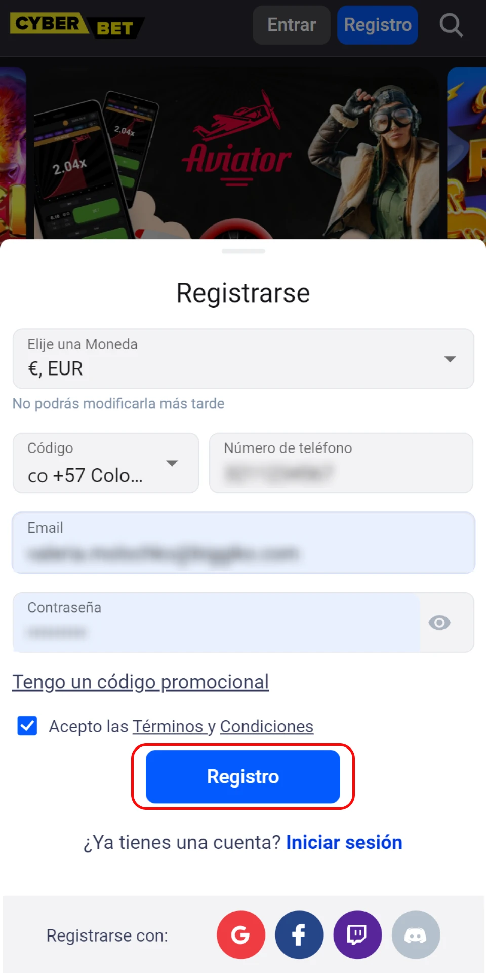 Haga clic en el botón para finalizar el registro de Cyber Bet.