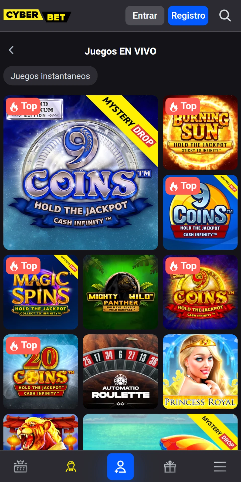 Visite la sección de casino en vivo en la app Cyber Bet.